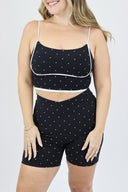 Model wearing Contour Tank with black and white micro polka dots front shot.