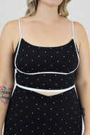 Model wearing Contour Tank with black and white micro polka dots front shot.