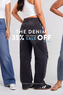 SALE BANNER: Reads " THE DENIM SMI-ANNUAL SALE. 35% OFF ALL PAIRS* No additional discount codes eligible.