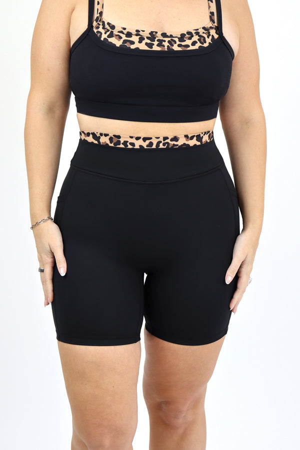 Tummy Control Layered Biker Short - Black w/ Leopard / XS