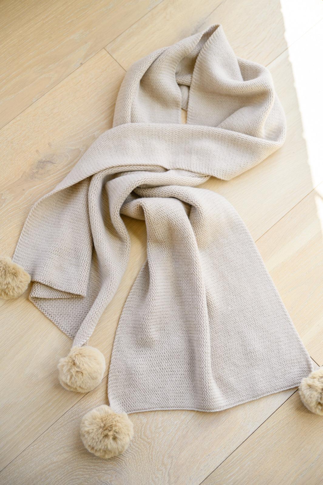 Knitted Fuzzy Pom Pom Scarf In Beige - Alexander Jane Boutique  Womens
