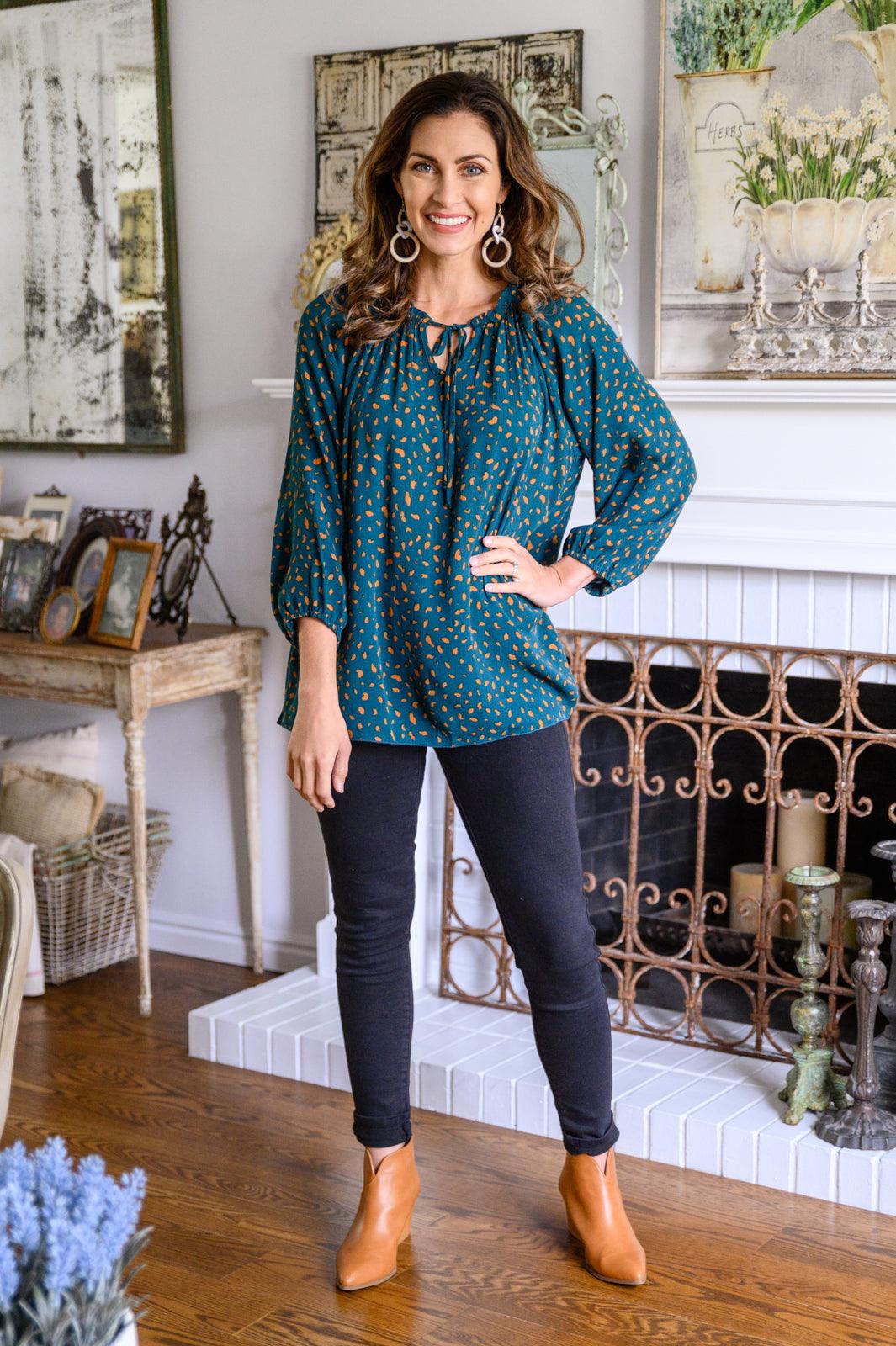 The Time Is Now Spotted Blouse In Teal - Alexander Jane Boutique  Womens
