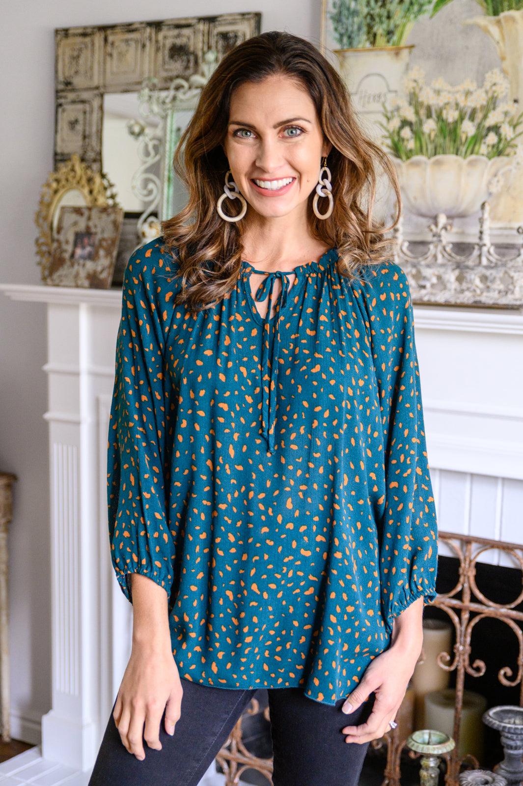 The Time Is Now Spotted Blouse In Teal - Alexander Jane Boutique  Womens